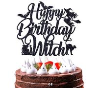 Happy Birthday Witch Cake Topper, Hocus & Pocus Witches Decor, Halloween Bat Birthday Party Decorations Supplies for Girls Women, Black Glitter