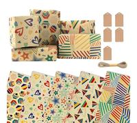 Happy Birthday Wrapping Paper 70x50cm, 5 Present Sheets Recyclable Kraft Gift Colourful Wrapping Paper with 1 Ribbon and 5 Gift Tags