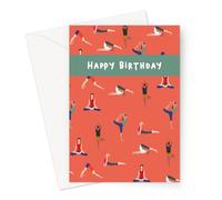 Happy Birthday Yoga Poses Greeting Card | Hand Illustrated Birthday Card with Yogis Posing, Lotus Pose, Cobra Pose, Downward Facing Dog,