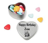 Happy Birthday Zoe Mini Silver Heart Shaped Tin Gift filled with chocolates Great Birthday present for Zoe Show somebody you are thinking of them