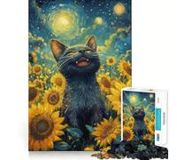 Happy Black Cat in Sunflower Field 1000 Pieces Jigsaw Puzzles for Adults Strong Logic Sharp Color Fun Challenge (50x75cm)