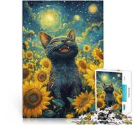 Happy Black Cat in Sunflower Field1000 Adult Pieces Jigsaw Puzzle Brain Teaser Game Every Piece is Unique - Challenging Family Fun Game 38x26cm