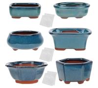 happy bonsai 6 pc Mini Glazed Pots Value Set + 6 Soft Mesh Drainage Screens