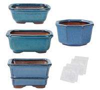 happy bonsai Mini Glazed Pots Value Set of 4, with 4 Soft Mesh Drainage Screens
