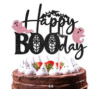 Happy Boo Day Cake Topper, Welcome Little Boo, Spooky Bat Cake Decor for Ghost Halloween Theme Baby Shower Kids Birthday Gender Reveal Party Decorations Supplies for Girl, Black and Pink Glitter