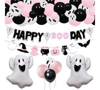 Happy Boo Day Pink Black Ghost Balloons Banner Halloween Baby Shower Decor | Halloween Party Banner Ghost Balloons Halloween Baby Shower Birthday Party Decorations