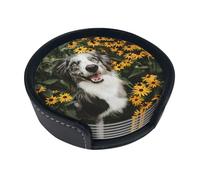 Happy Border Collie Dog Flowers,Set of 6 Round Coasters, Pu Leather Drinks Coasters with Holder for Home Office Kitchen