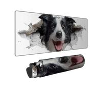 Happy Border Collie Large Gaming Mouse Pad, Black White Dog with a Fun Design, Rubber Non-Slip Washable Mousepad for Home and Office Use 16x36 Inch