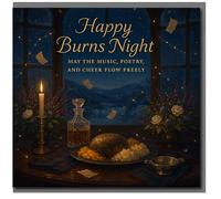 Happy Burns Night Card - Candlelit Highland Supper with Haggis, Neeps & Tatties, Whisky Decanter and Tartan - 'May the music, poetry, and cheer flow freely' Scottish Celebration Greeting Card