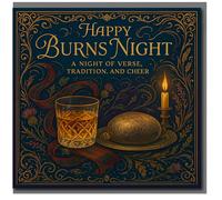 Happy Burns Night Card - Whisky, Haggis and Candle with Scottish Thistles & Tartan - Elegant Robert Burns Supper Greeting