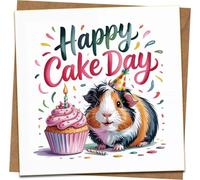 Happy Cake Day Birthday Card - Cute Guinea Pig with Cupcake, Funny Celebration Design, 145mm x 145mm Square, Blank Inside, Includes Kraft Envelope