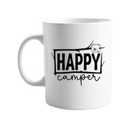 Happy Camper 11oz Ceramic Mug with Comfortable Handle and Rustic Adventure Design - Ideal for Home, Caravan, Campsite or Office Use Campervan Van Life