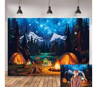Happy Camper Backdrop Forest Scene Camping Photography Background Campfire Party Decorations Adventure Theme Birthday Banner Photoshoot (7x5FT（210x150cm）)