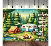 Happy Camper Backdrop Gone Fishing Boy Girl Birthday Photography Background Forest Adventure Happy Camper Party Decoration Baby Shower Newborn Birthday Party Decors Photo Studio Props(D, 8x6feet)