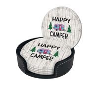 Happy Camper Coasters Set Of 6 For Drinks With Holder, Classy And Simple Coasters For Coffee Table, Great Housewarming Gifts
