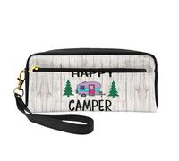 Happy Camper Double-Sided Printed Leather Portable Makeup Pouch-Multi-Purpose Cosmetic Bag, Pencil Case and Organizer for Women