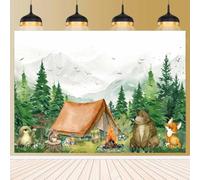 Happy Camper Green Backdrop for Mountain Tree Wild One Birthday Party Decorations Woodland Animal Baby Shower Birthday Background Boys Birthday Party Decor Banner 7x5ft