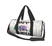 Happy Camper Large Round Travel Duffle Bag, Full-Print Canvas Weekender with Padded Lining, Multiple Pockets,Detachable Shoulder Strap and Soft Leather Handles
