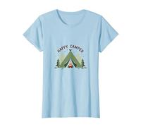 Happy Camper Outdoors Adventure Tent Campfire T-Shirt, Women, Baby Blue, L