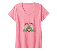 Happy Camper Outdoors Adventure Tent Campfire V-Neck T-Shirt, Women, Pink, L