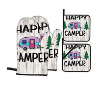 Happy Camper Oven Gloves and Pot Holder Set, Heat Resistant Oven Gloves for Cooking Baking Grilling (Set of 4)