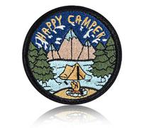 Happy Camper Patch, 3 Inch Round Mountain Forest Campfire Embroidered Iron On/Sew On Applique for Backpack, Jacket, Hat, Outdoor Mountain & Tent Adventure Enthusiast Badge Gift for Hikers, Campers