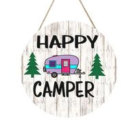 Happy Camper Round Wood Panel Painting 12 Inch Hanging Plaque Rustic Farmhouse Wall Art Home Decor with Rope
