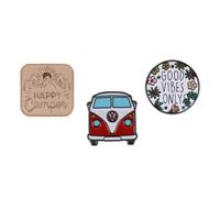 Happy Camper Themed Gift Set Collection Of 3 Pin Badges Including Happy Camper Mountains, Red Camper Van And Good Vibes Only
