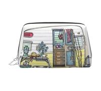 Happy Campers Print Premium Leather Toiletry Travel Pouch with Waterproof Portable Pouch Open Flat Makeup Bag