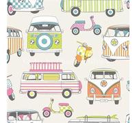 Happy Campers Scooter Moped Camper Van TuttiFrutti Fabric 140cm Wide 100% Cotton Lifestyle Craft Fabric Material for Clothing, Quilting (Sold by The Metre)