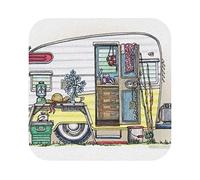 Happy Campers6-Piece Set Of Leather Coasters,Available In 4 Shapes,Suitable For Beverage And Coffee Coasters,Perfect For Home And Office Decoration, Protecting Desktops