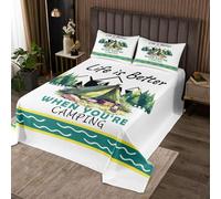 Happy Camping Adventure Kids Bedspread Single Size,Tent Pine Tree Nature Rustic Coverlet Set,Girls Boys Room Decor,RV Trailer Camper Outdoor Quilted Coverlet,Green White Bedding Quilt,1 Pillowcase
