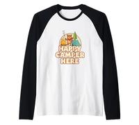 Happy Camping Bear Camper Tent Marshmallow Funny Retro Raglan Baseball Tee
