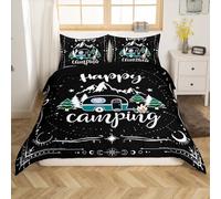 Happy Camping Bedding Sets Full RV Camper Comforter Cover, Psychedelic Galaxy Bed Set Rustic Farmhouse Duvet Cover, Travel Trailer Car Quilt Cover Black Camper Accessories (Black Reversible)