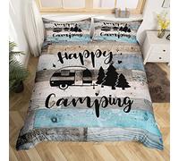 Happy Camping Duvet Cover Set Double for Girls Boys Kids Western Farmhouse Wood Bedding Set Bedspread Cover RV Camper Wild Adventure Comforter Cover with 2 Pillow Sham Zipper Ultra Soft Microfiber