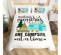 Happy Camping Duvet Cover Set Double Size,Camper Van Tent Bedding Set 3Pcs for Kids Girls Teens Adult Room Decor,Outdoor Travel Comforter Cover Light Khaki Quilt Cover,2 Pillowcases