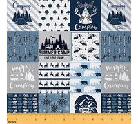 Happy Camping Fabric by The Yard for Boys Kids Teens, Camper Upholstery Fabric, Rustic Farmhouse Style Outdoor Fabric, Sketch Drawing Camper, Camping Car Fabric Clothing, DIY, Blue 1 Yard