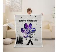 Happy Camping Fleece Blanket 100x130cm Black Pineforest Star Moon Warm Plush Sherpa Blanket Sketch Drawing Campfire Tent Fuzzy Plush Throw Purple Galaxy Bear Paws for Living Room Bedroom Office