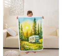 Happy Camping Fleece Blanket Baby 76x102cm Boho Flowers Pineforest Rustic RV Warm Plush Sherpa Blanket Country Flower Pine Tree Bohemian Fuzzy Plush Throw Happy Glamping Trailer for Bed Sofa Couch