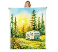 Happy Camping Fleece Blanket Queen 229x229cm Boho Flowers Pineforest Rustic RV Warm Plush Sherpa Blanket Country Flower Pine Tree Bohemian Fuzzy Plush Throw Happy Glamping Trailer for Bed Sofa Couch