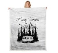 Happy Camping Fleece Blanket Twin 152x203cm Happy Glamping Trailer Pineforest Vintage Warm Plush Sherpa Blanket Sketch Drawing Mountain Pine Trees Fuzzy Plush Throw for Living Room Bedroom Office