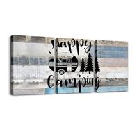 Happy Camping Framed Pictures Wall Decor Rustic Farmhouse Style Wooden Paintings Dining Room Wall Decor RV Camper Hexagon Poster Wall Art Decorations for Bedroom Set of 3,Blue Gray
