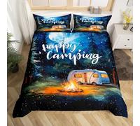 Happy Camping Kids Duvet Cover Set Double Size, Night Camper Comforter Cover, Camping RV Bonfire Trees Bedding Set for Boys Girls Adult Bedroom Decor, Lightweight Bedspread Cover, 2 Pillowcases