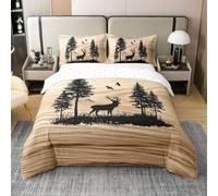 Happy Camping King Size Duvet Cover Sets with 2 Pillowcases - Elk Deer Pineforest Camp Rustic Cotton Bedding Wooden Plank Pine Trees Reindeer Quilt Cover Farm House Camper Lodge Cabin Bed Set