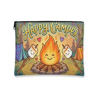 Happy Camping Makeup Bag, Cute Fanciful Campfire Cosmetic Pouch for Women, Portable Canvas Zipper Organizer, Summer Outdoor Travel Toiletry Bag, Multicolor, 7x9 Inch, Campfire