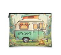 Happy Camping Makeup Bag, Vintage Fanciful Cosmetic Pouch for Travel, Portable Canvas Zipper Organizer for Summer Adventures, Green, 7x9 Inch, Camping