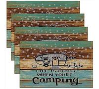 Happy Camping Placemat for Kitchen Dining Table Indoor Outdoor,Camper Placemats Set of 4 RV Camping Wooden Table Place Mats, Microfiber Cartoon Camping Car Rustic Table Mat 45x30cm