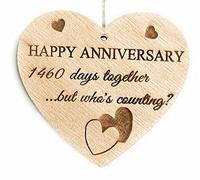 Happy Celebration 1460 days Wooden Hanging Heart Plaque for Husband or Wife Family Heart Wooden Sign Couple