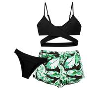 Happy Cherry 3 Piece Girls Bikini Sets Swimsuit Kids 50 UPF UV Sun Protection Swimwear Teenage Bathing Suits Backless Top+Triangle Bikini Bottoms+Shorts for 8-9 Years Green
