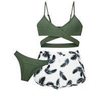 Happy Cherry 3 Piece Girls Bikini Sets Swimsuit Kids 50 UPF UV Sun Protection Swimwear Teenage Bathing Suits Backless Top+Triangle Bikini Bottoms+Shorts for 8-9 Years Pea Green